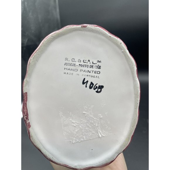 Ceramic Woven Egg Basket Portugal Hand Painted Braided Handle Pink White 7” - Picture 8 of 8